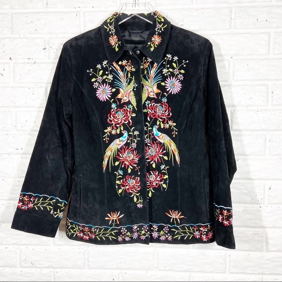 AVANTI New York Black Suede/Leather Jacket floral & bird embroidery metal snaps - Picture 1 of 9